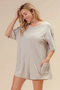 BiBi Short Sleeve Back Open Washed Romper - Velora Luxury Fashion