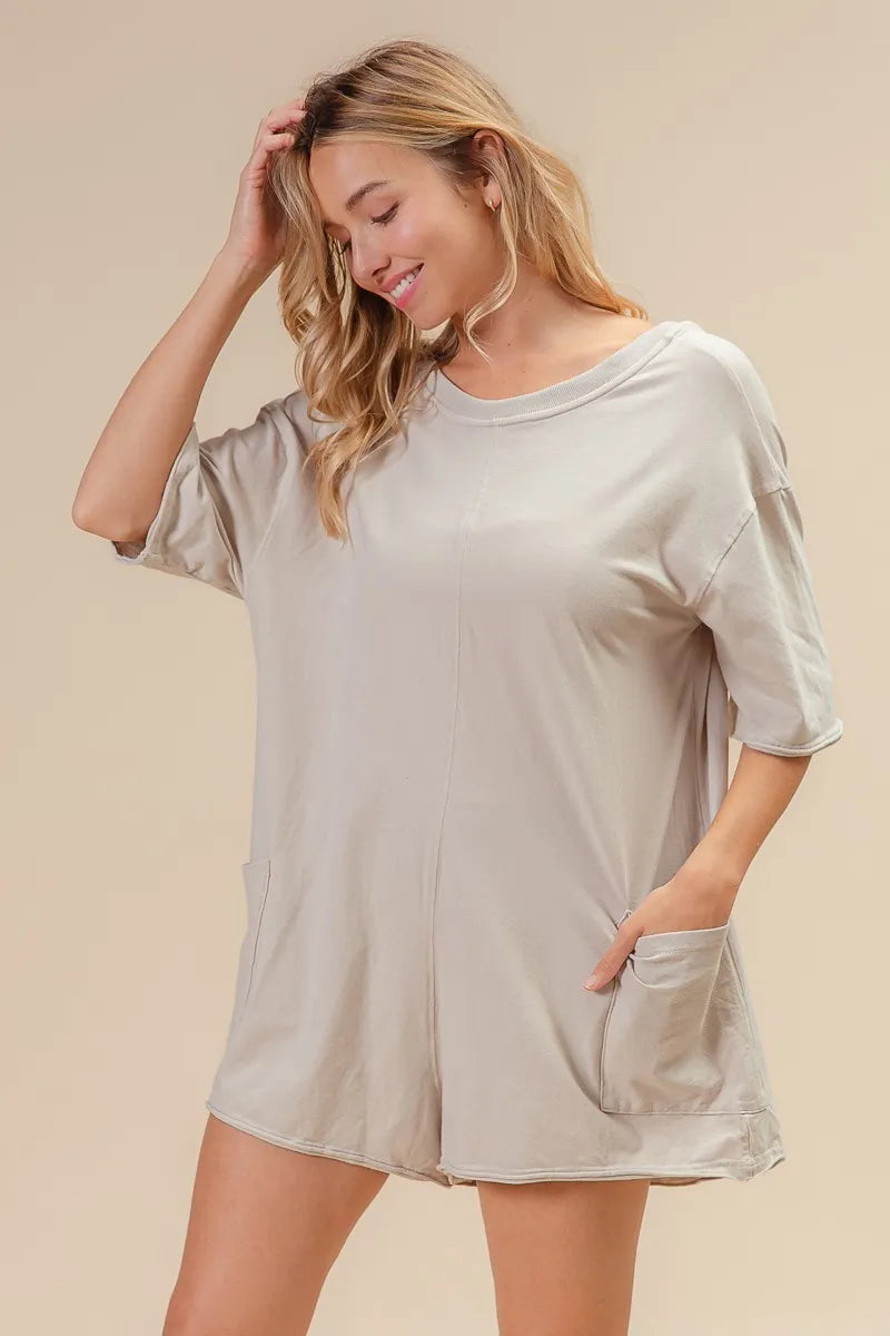 BiBi Short Sleeve Back Open Washed Romper - Velora Luxury Fashion