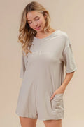 BiBi Short Sleeve Back Open Washed Romper - Velora Luxury Fashion