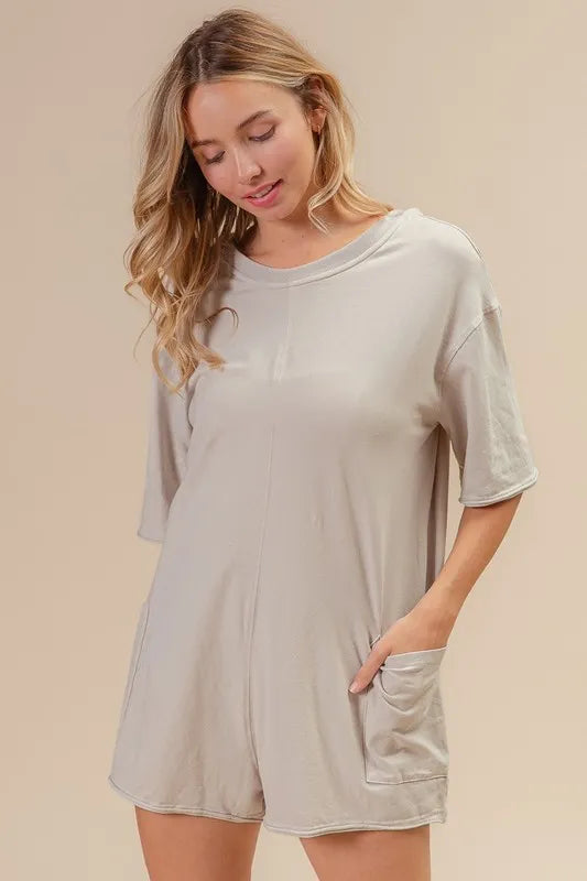 BiBi Short Sleeve Back Open Washed Romper - Velora Luxury Fashion