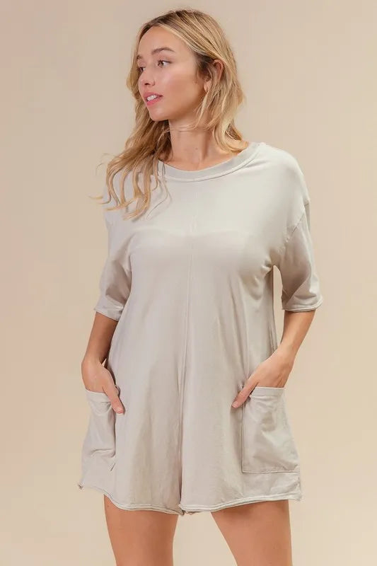 BiBi Short Sleeve Back Open Washed Romper - Velora Luxury Fashion