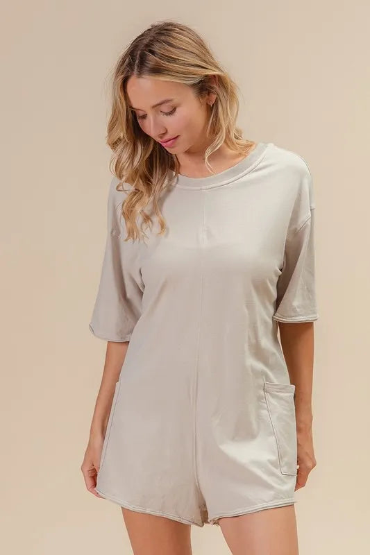 BiBi Short Sleeve Back Open Washed Romper - Velora Luxury Fashion