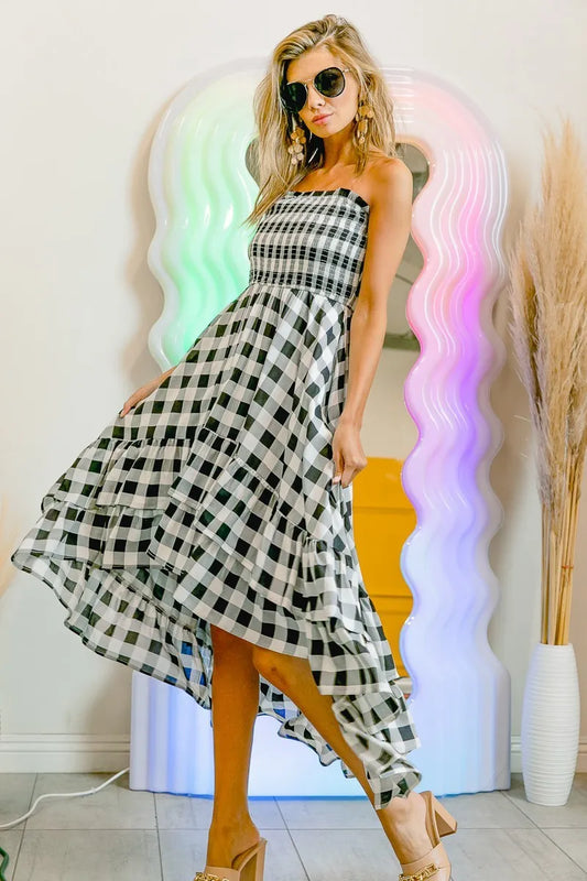 BiBi Smocked Body Off Shoulder Check Dress - Velora Luxury Fashion