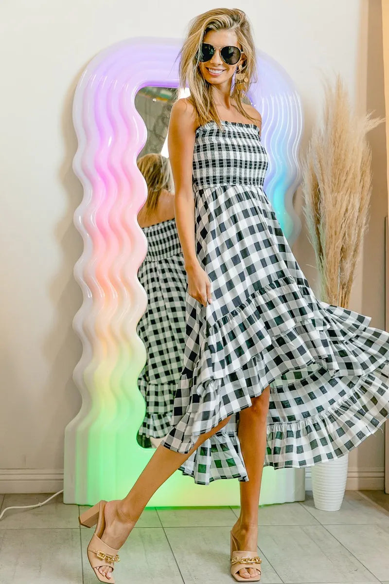 BiBi Smocked Body Off Shoulder Check Dress - Velora Luxury Fashion