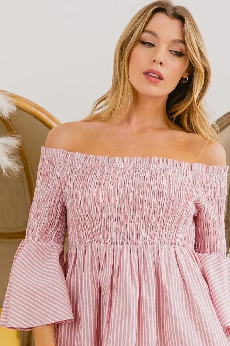 BiBi Smocked Off Shoulder Striped Dress - Velora