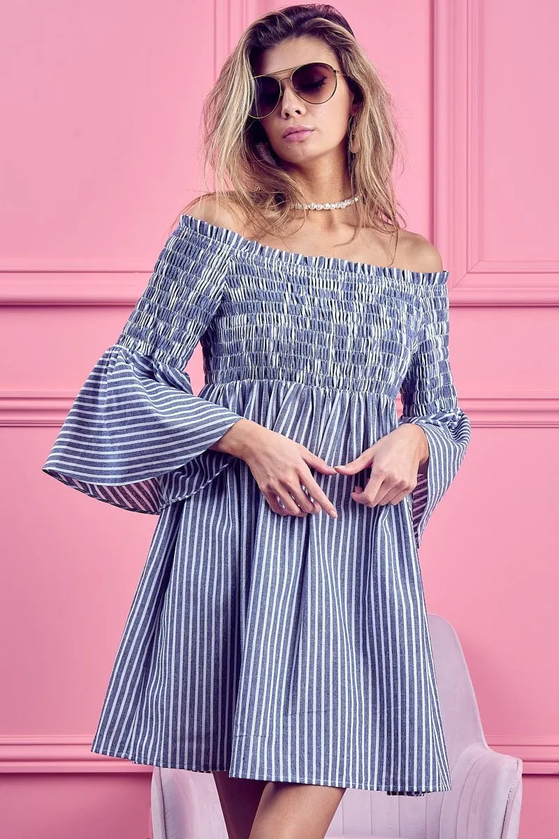 BiBi Smocked Off Shoulder Striped Dress - Velora Luxury Fashion