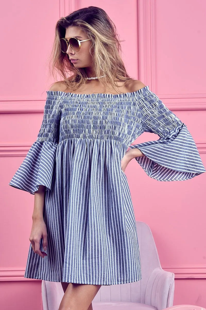 BiBi Smocked Off Shoulder Striped Dress - Velora Luxury Fashion
