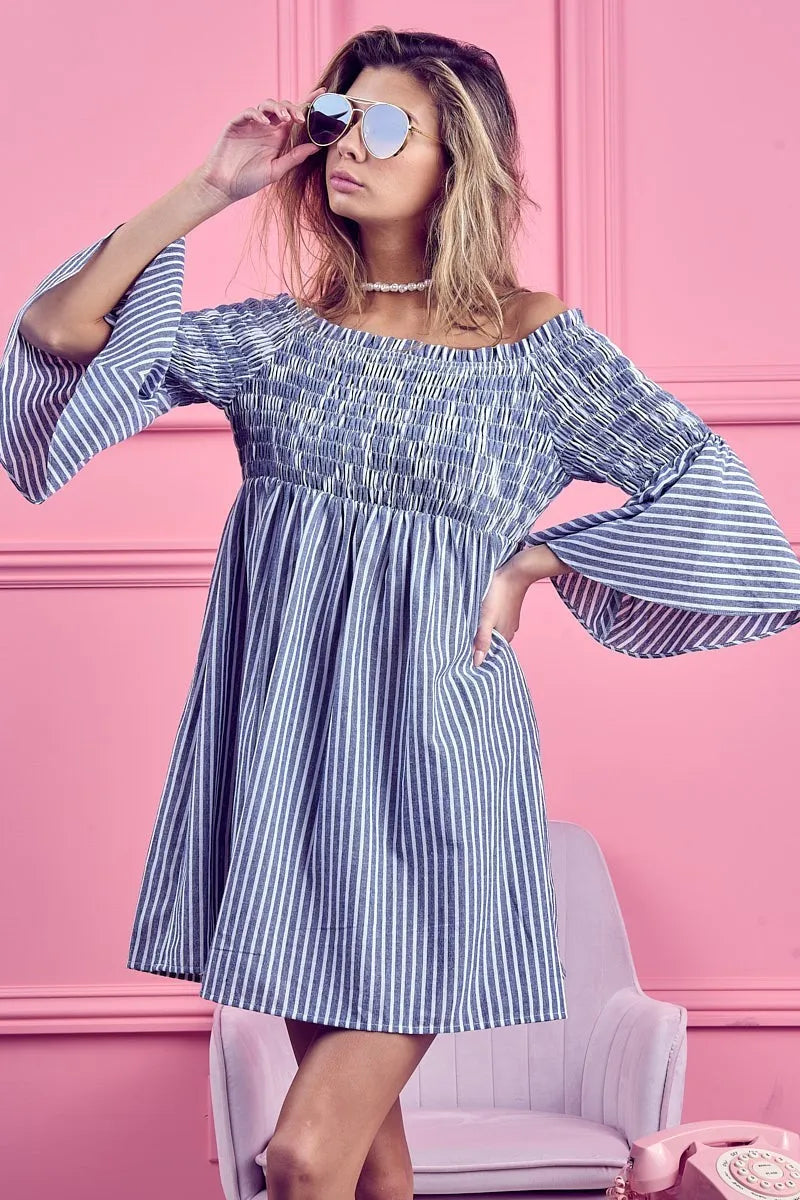 BiBi Smocked Off Shoulder Striped Dress - Velora Luxury Fashion