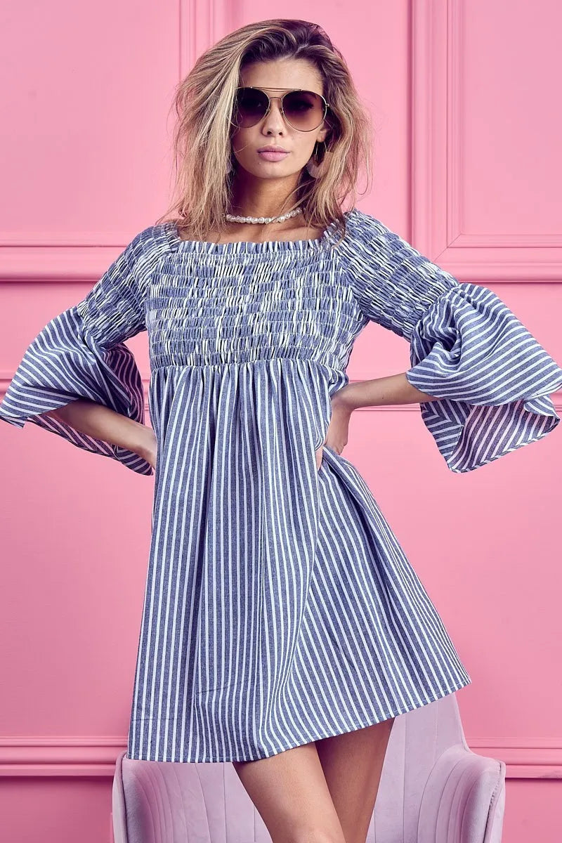 BiBi Smocked Off Shoulder Striped Dress - Velora Luxury Fashion