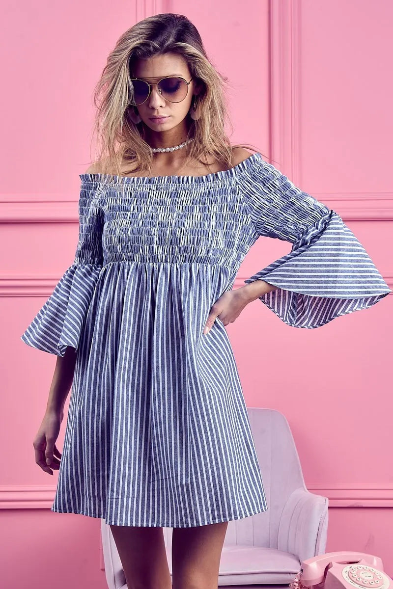 BiBi Smocked Off Shoulder Striped Dress - Velora Luxury Fashion