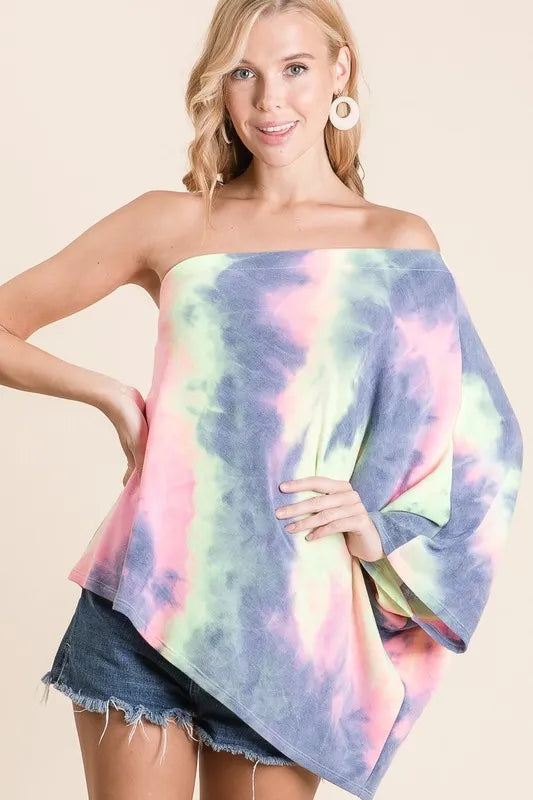 BiBi Tie Dye French Terry One Shoulder Top with Dolman - Velora Luxury Fashion