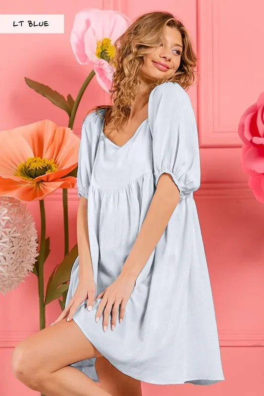 BiBi Washed Linen Tiered Midi Dress with Puff Sleeves - Velora Luxury Fashion