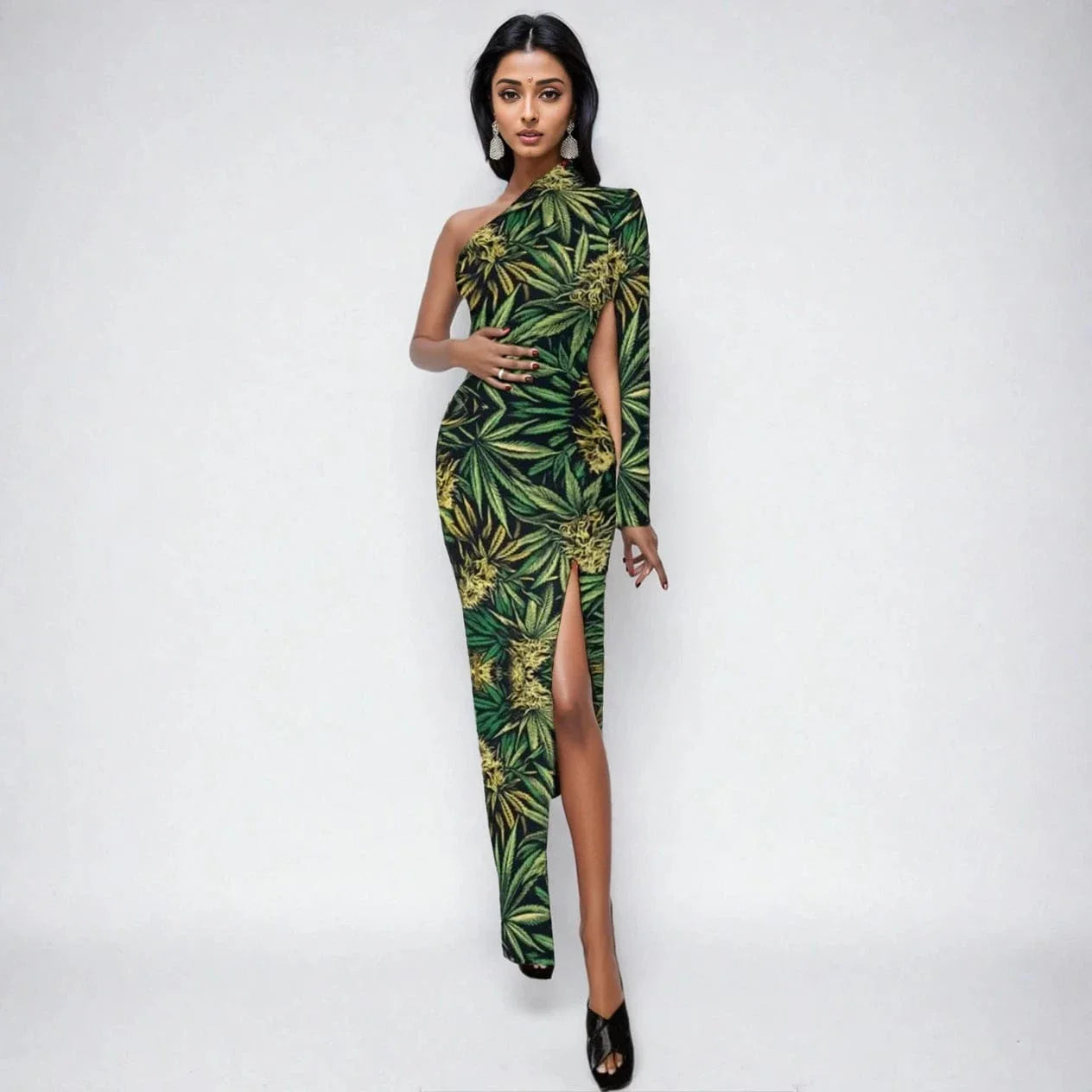 Big Buds One-Shoulder Slit Maxi Dress - Velora