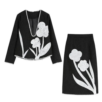 Black And White Splicing Velvet V-neck Overlapping Coat Color Contrast Skirt Suit