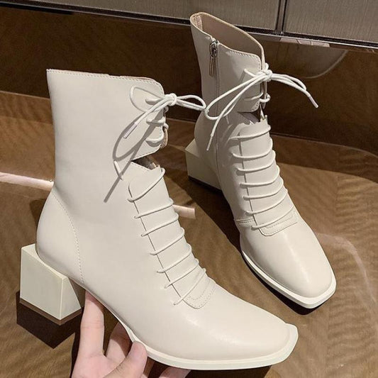 Block Heel Double Lace Boots - Velora Luxury Fashion