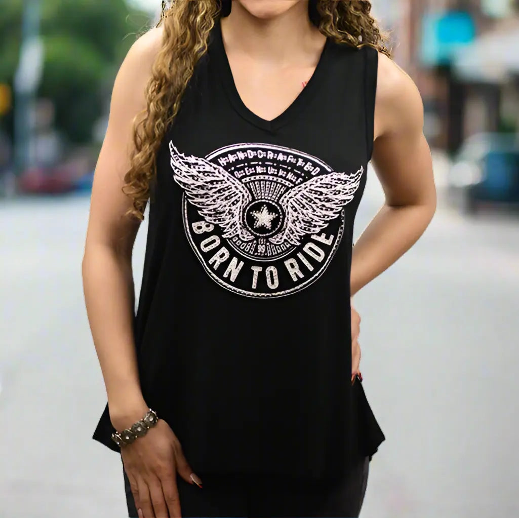 Born to Ride Tank with Star & Wings Graphic and Lace Back Details Boutique of Leathers/Open Road