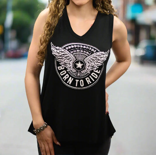 Born to Ride Tank with Star & Wings Graphic and Lace Back Details Boutique of Leathers/Open Road