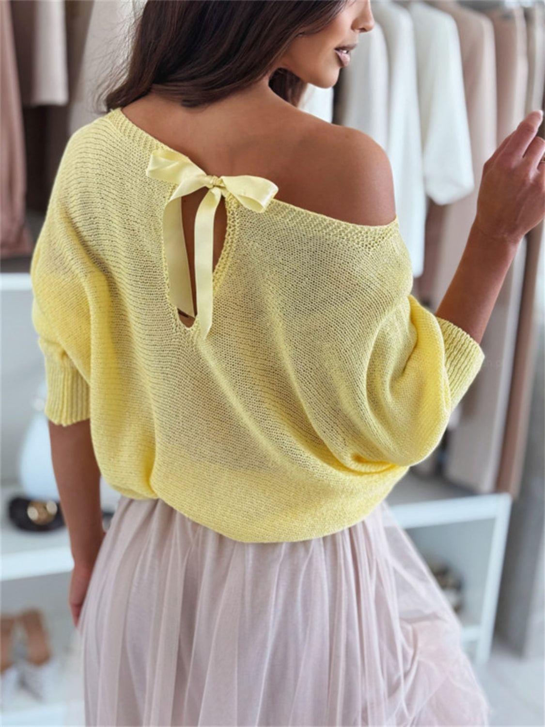 Bow Back Boat Neck Batwing Sleeve Sweater - Velora Luxury Fashion