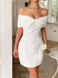 Bow Off-Shoulder Textured Mini Dress - Velora Luxury Fashion