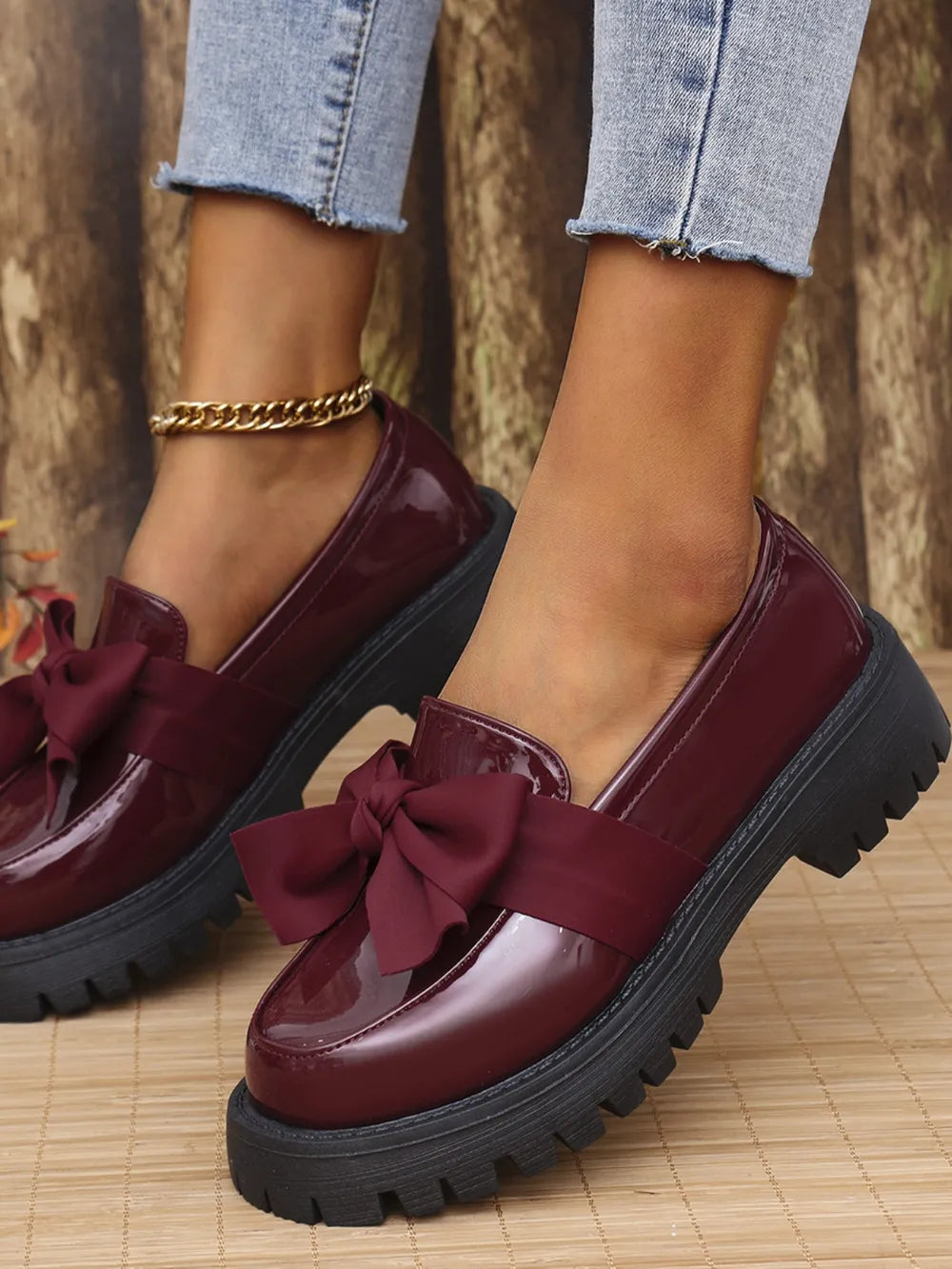 Bow PU Leather Round Toe Loafers - Velora Luxury Fashion