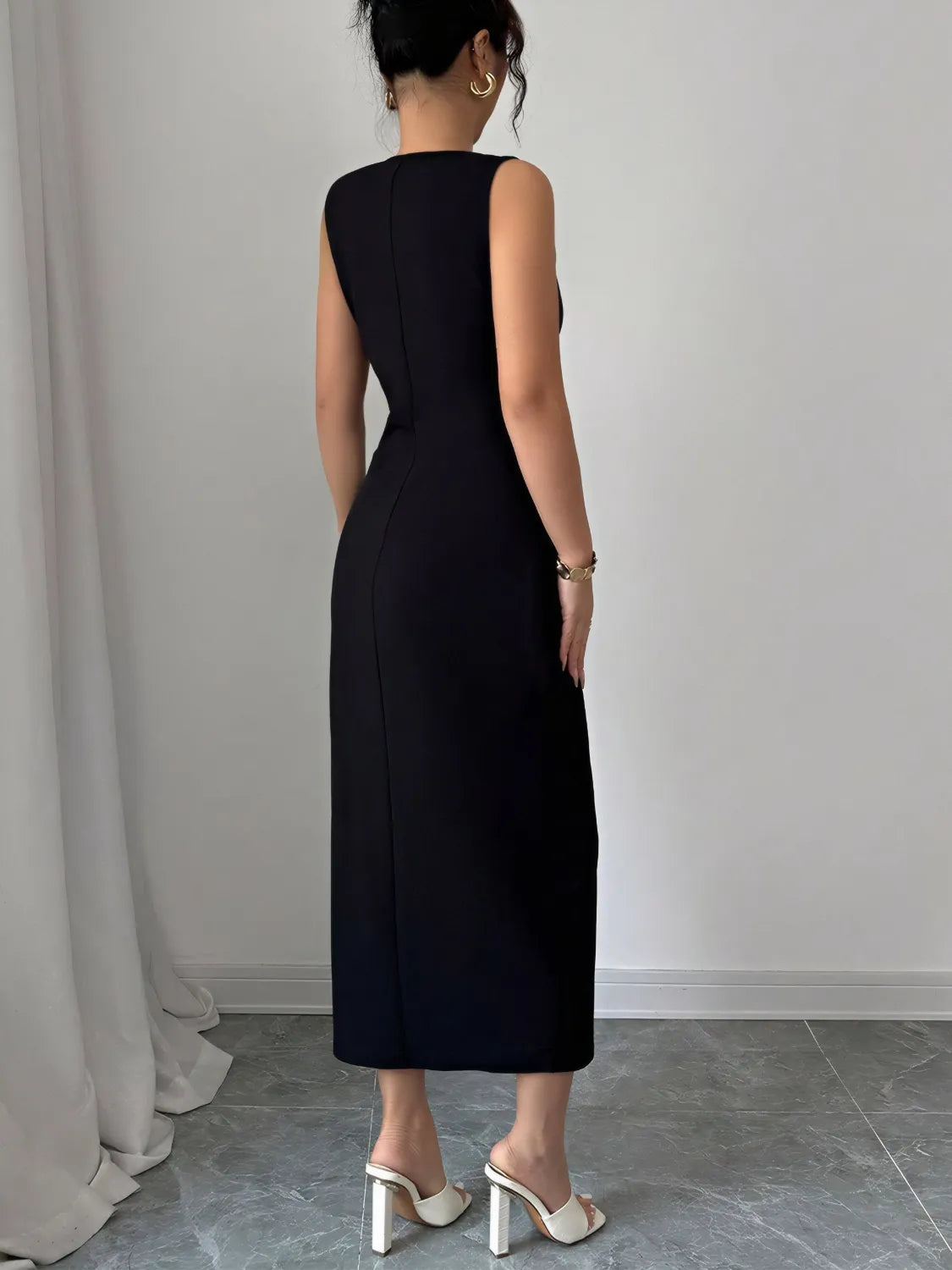 Bow Slit Round Neck Sleeveless Dress - Velora Luxury Fashion