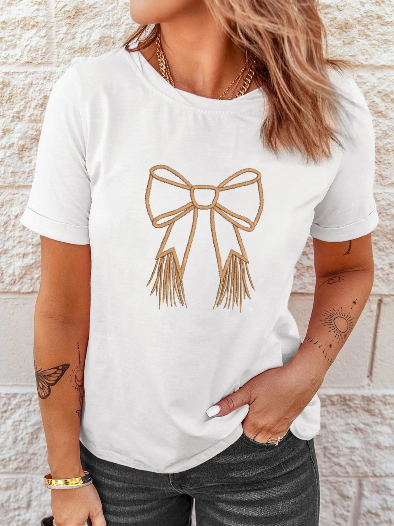 Bowknot Western Round Neck T Shirt - Velora Luxury Fashion
