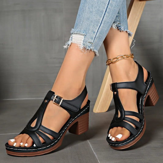 Buckle Strap Block Heel Sandals - Velora Luxury Fashion