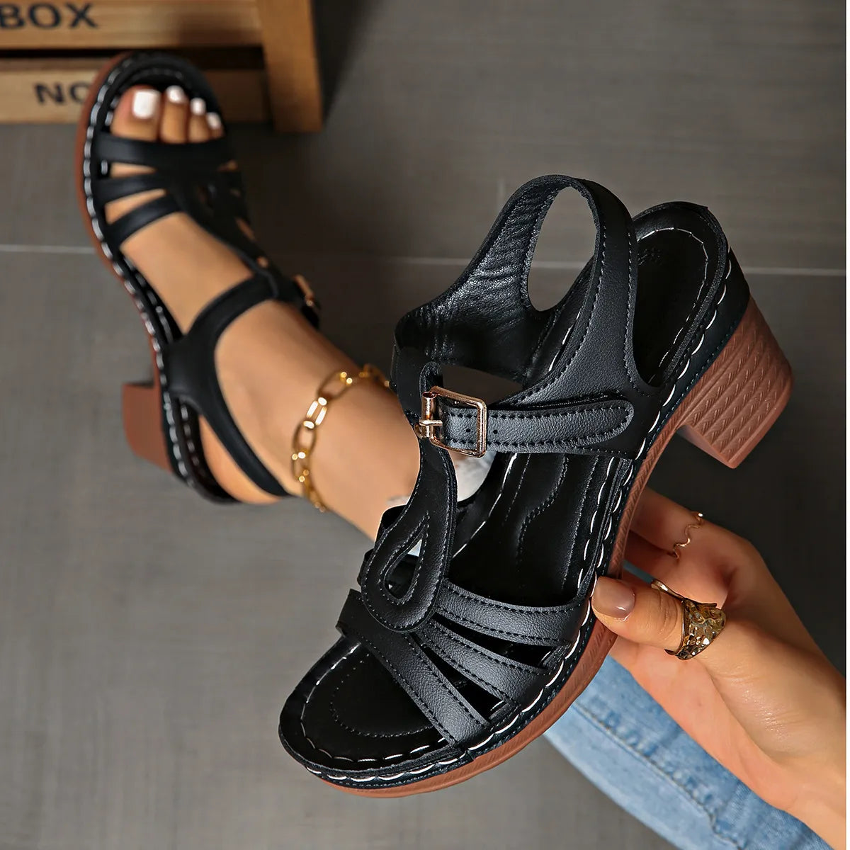 Buckle Strap Block Heel Sandals - Velora Luxury Fashion