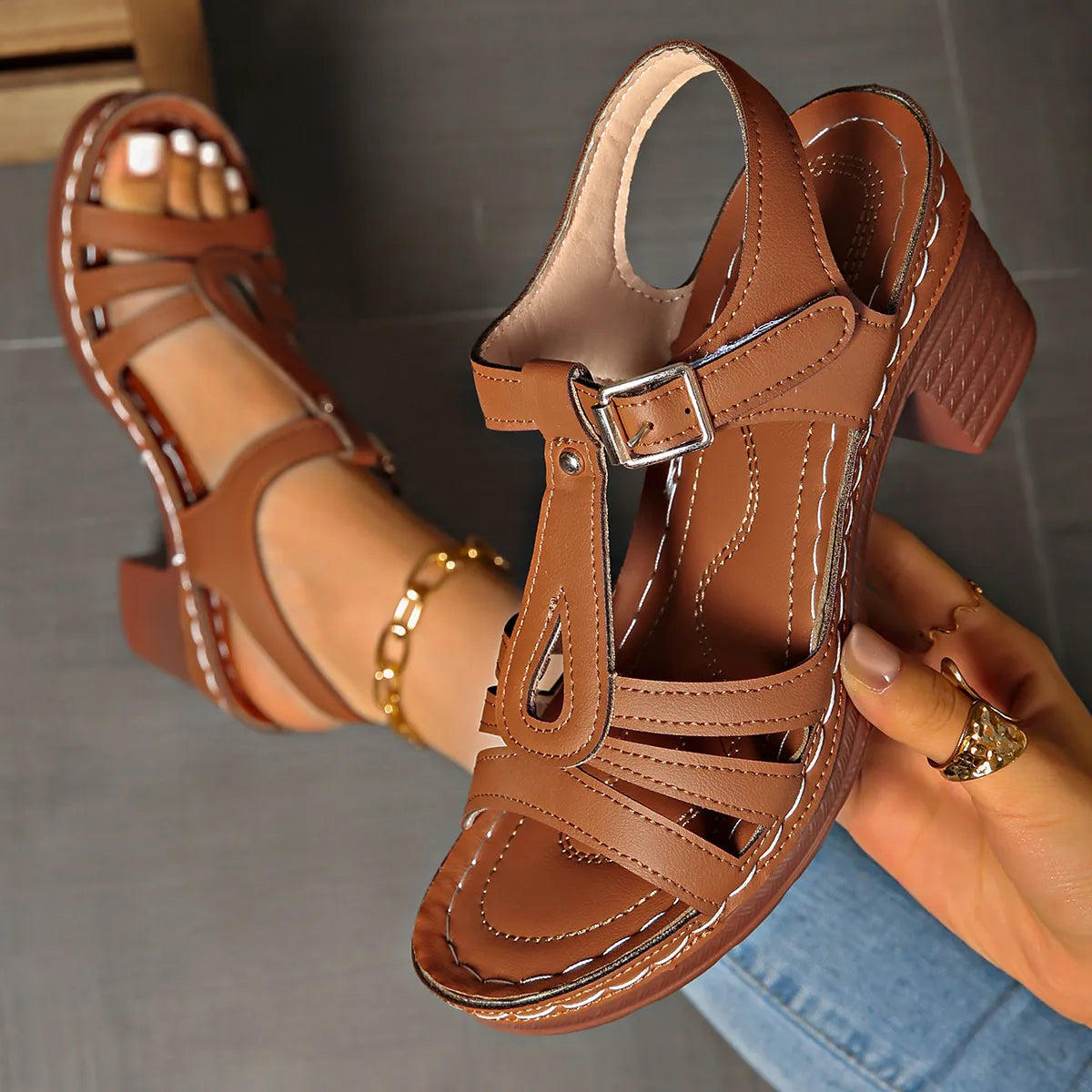 Buckle Strap Block Heel Sandals - Velora Luxury Fashion