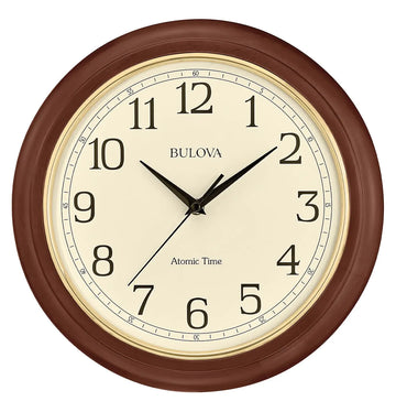 Bulova Atomic Time 2 Analog Wall Clock C5004 | 12.4" Wooden Frame Sets Time Automatically | Quartz Movement | Battery Operated | Classic Design - Velora Luxury Fashion