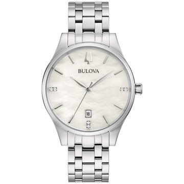 Bulova Ladies Classic Diamond Dial Stainless Steel 3-Hand Calendar Date Quartz Watch White Mother-of-Pearl Style: 96P220 - Velora Luxury Fashion