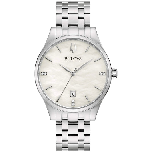 Bulova Ladies Classic Diamond Dial Stainless Steel 3-Hand Calendar Date Quartz Watch White Mother-of-Pearl Style: 96P220 - Velora Luxury Fashion