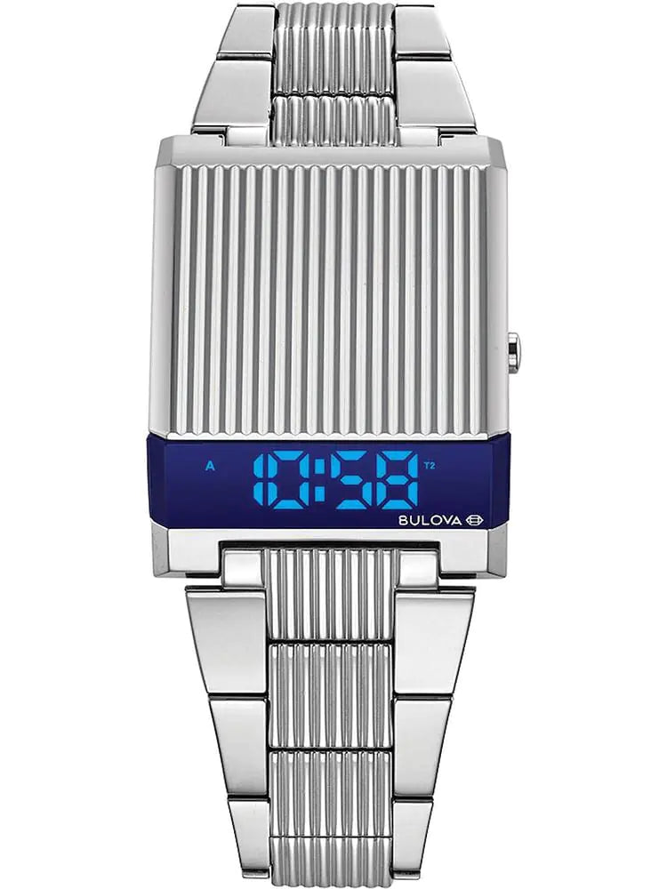 Bulova Mens Archive Series LED Computron Stainless Steel Watch Blue LED Display Style: 96C139 - Velora Luxury Fashion