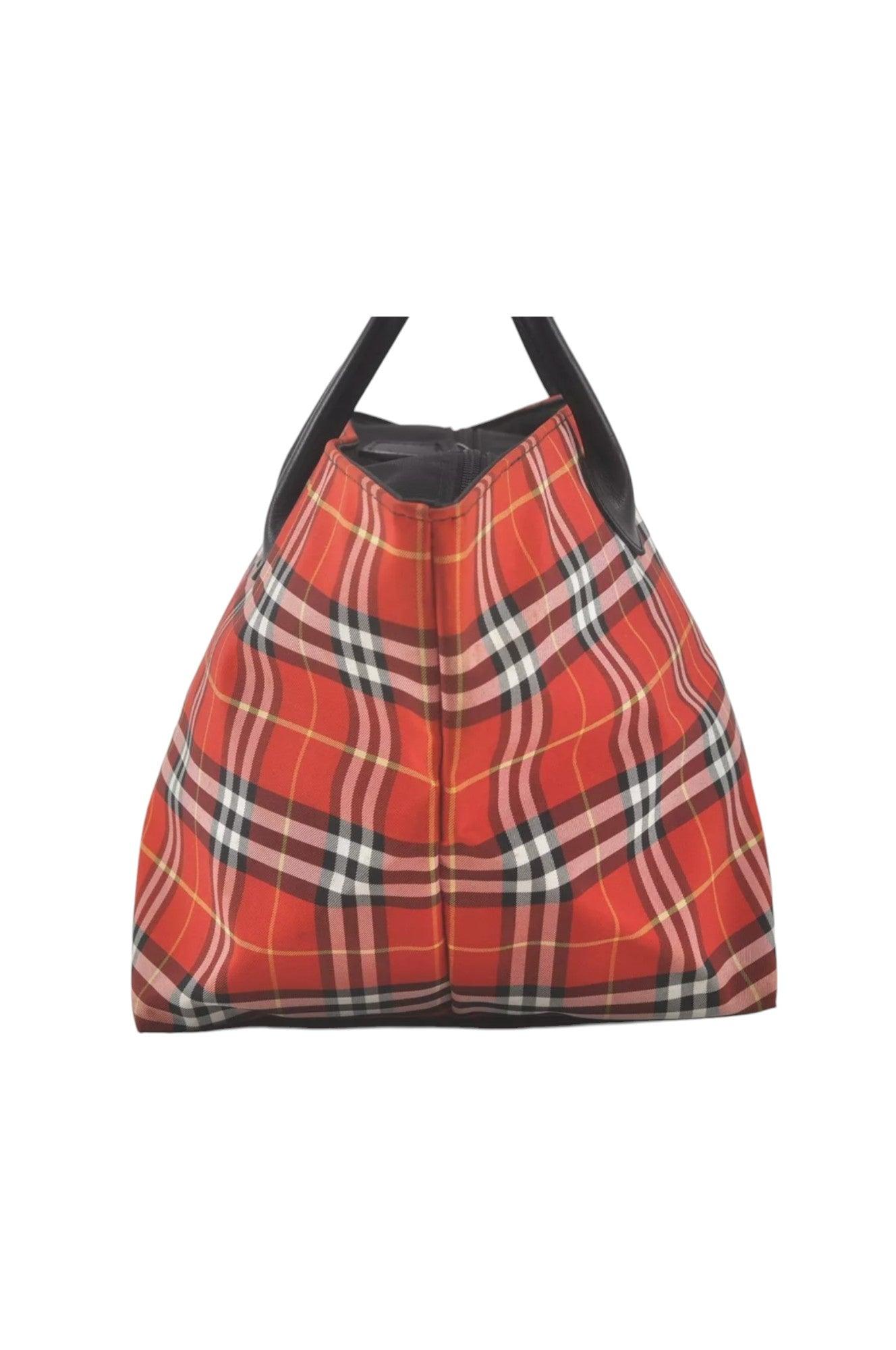 Burberry BLUE LABEL Check Shoulder Tote Bag Nylon Leather Red 9373K - Velora Luxury Fashion