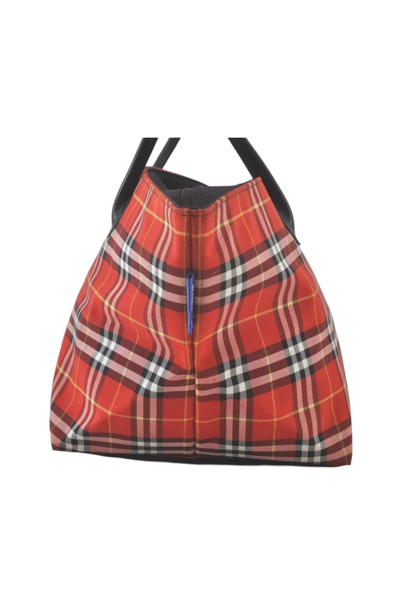 Burberry BLUE LABEL Check Shoulder Tote Bag Nylon Leather Red 9373K - Velora Luxury Fashion