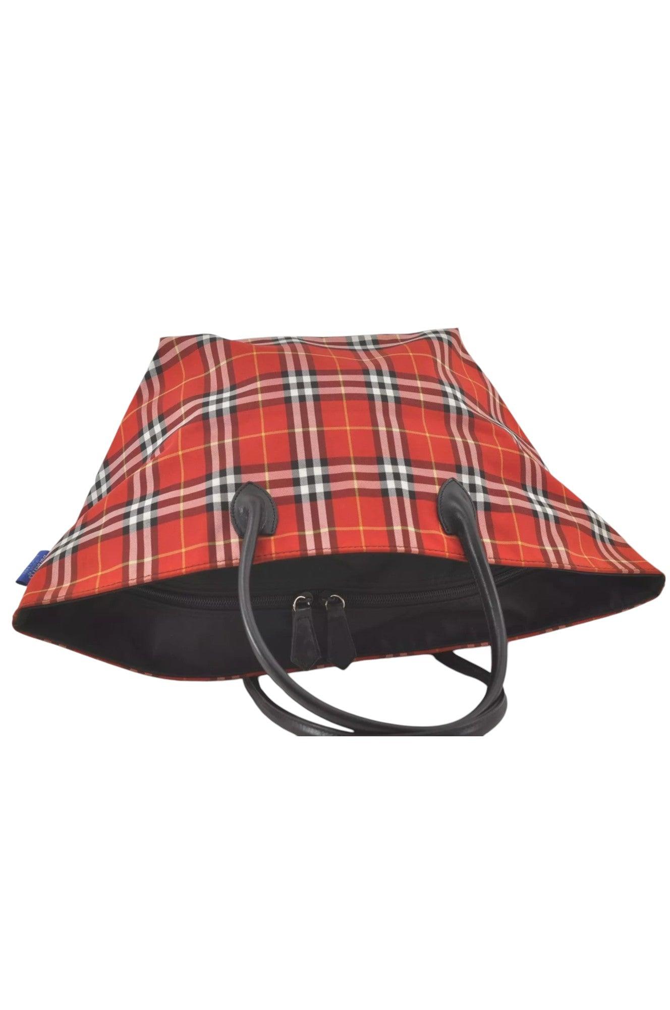 Burberry BLUE LABEL Check Shoulder Tote Bag Nylon Leather Red 9373K - Velora Luxury Fashion