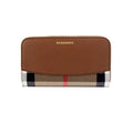 Burberry Elmore Tan Grainy Leather House Check Canvas Wallet - Velora Luxury Fashion