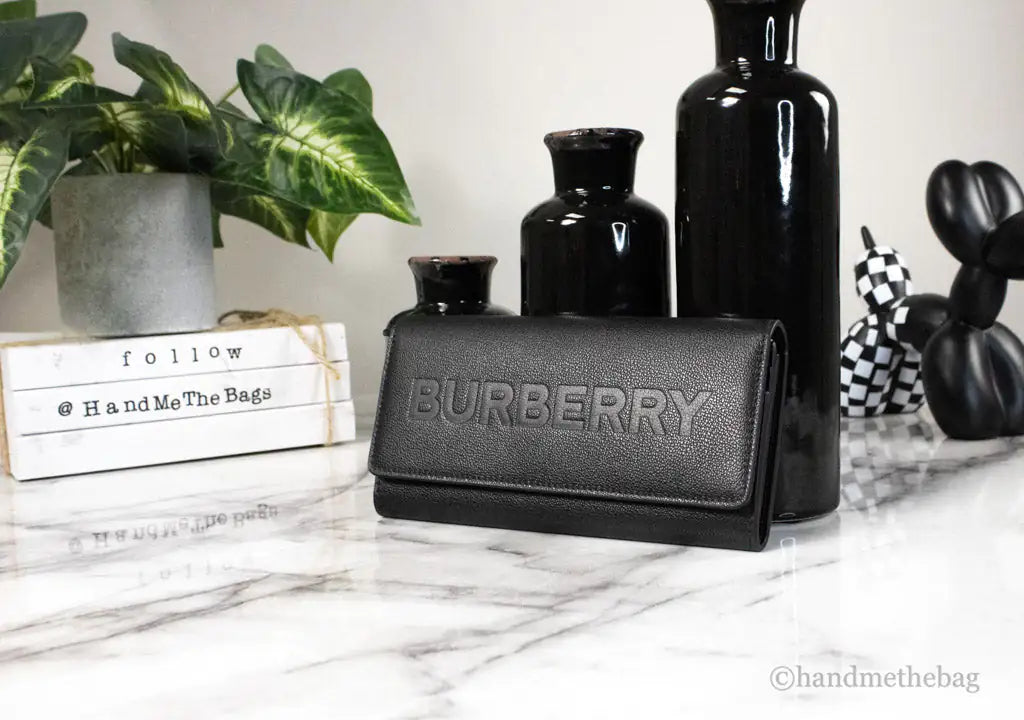 Burberry Porter Black Leather Branded Embossed Clutch Flap Wallet - Velora Luxury Fashion