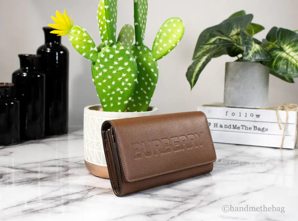 Burberry Porter Tan Leather Branded Embossed Clutch Flap Wallet - Velora Luxury Fashion