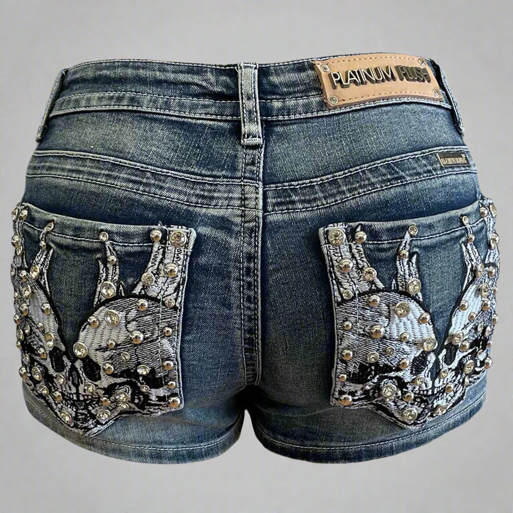 Bus Stop Women's Rhinestone Skull Wing Denim Shorts - Velora Luxury Fashion
