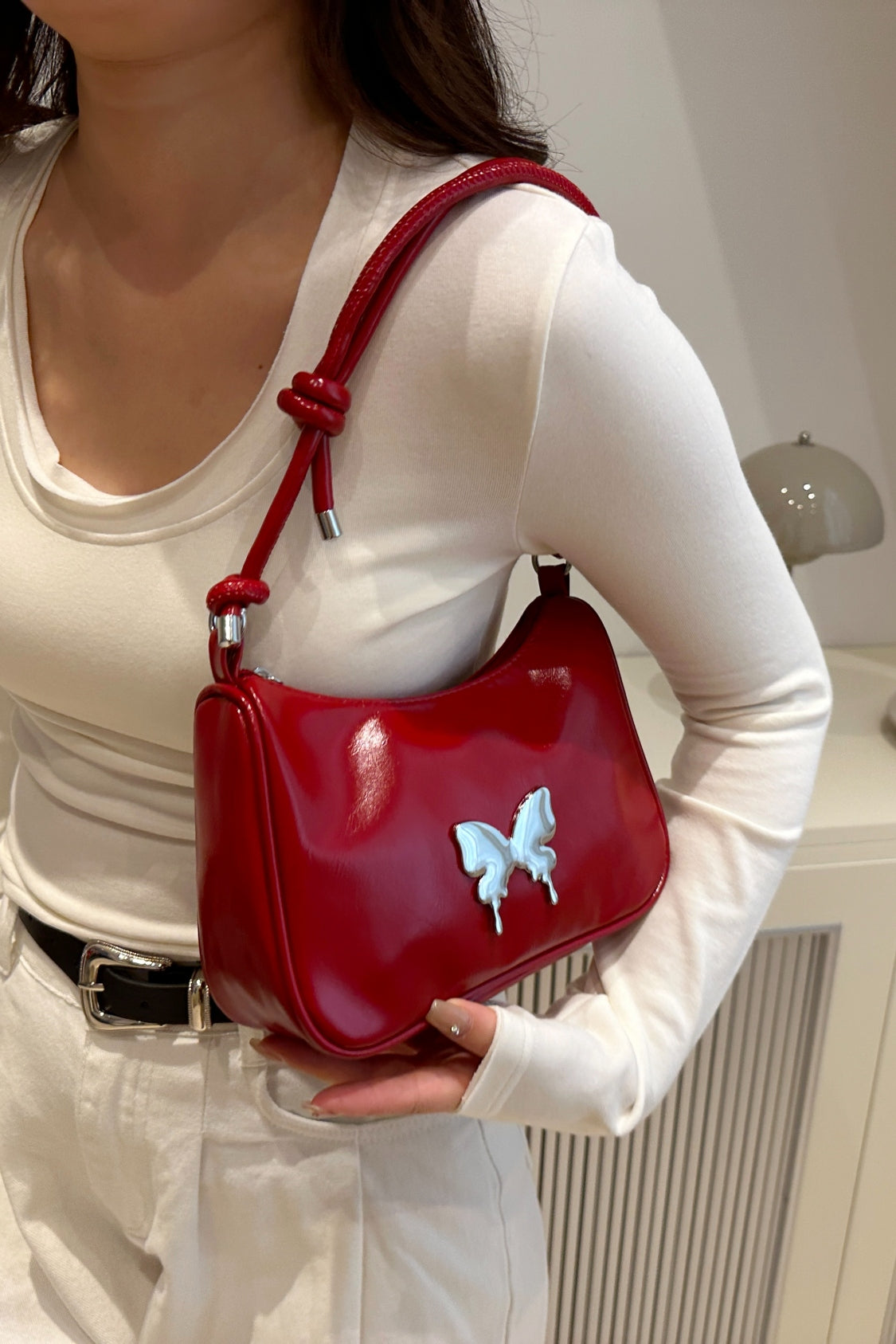 Butterfly PU Leather Knotted Strap Shoulder Bag - Velora Luxury Fashion