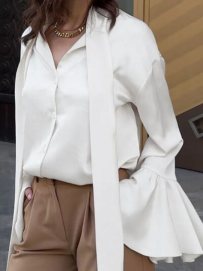 Button Down Flounce Sleeve Shirt - Velora Luxury Fashion