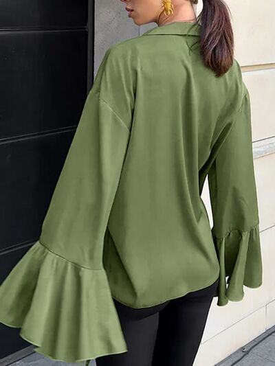 Button Down Flounce Sleeve Shirt - Velora Luxury Fashion