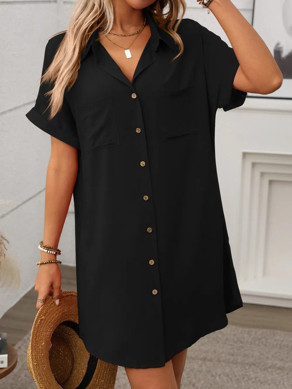 Button Down Short Sleeve Mini Dress - Velora Luxury Fashion
