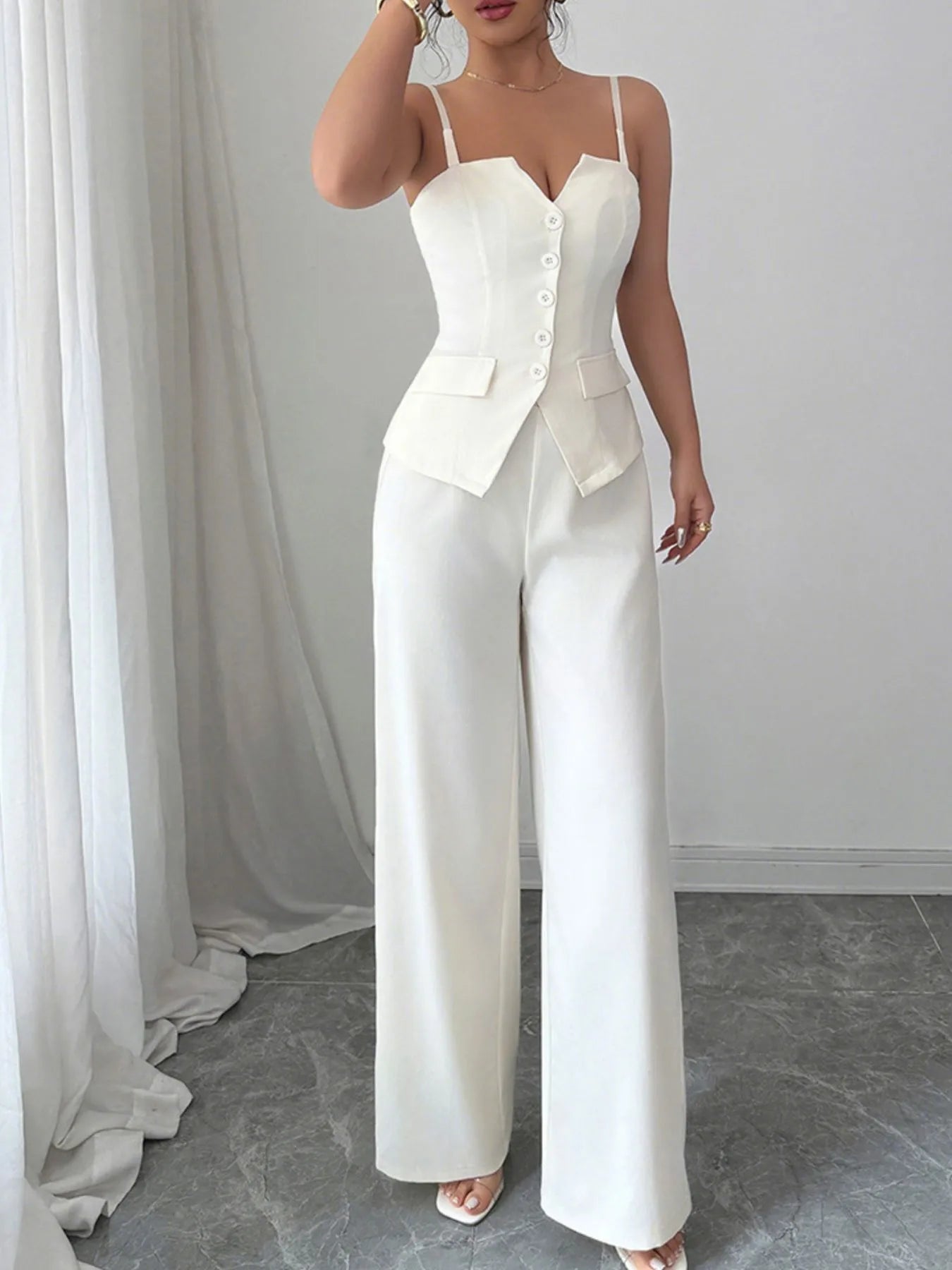 Button Front Cami and Pants Set - Velora Luxury Fashion