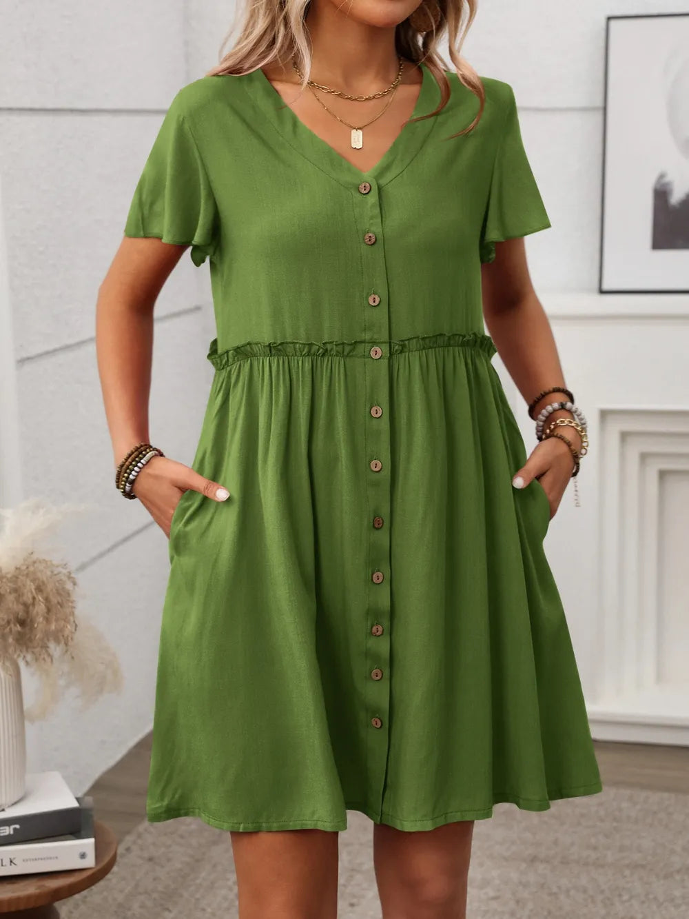 Button Front Flutter Sleeve Dress - Velora Luxury Fashion