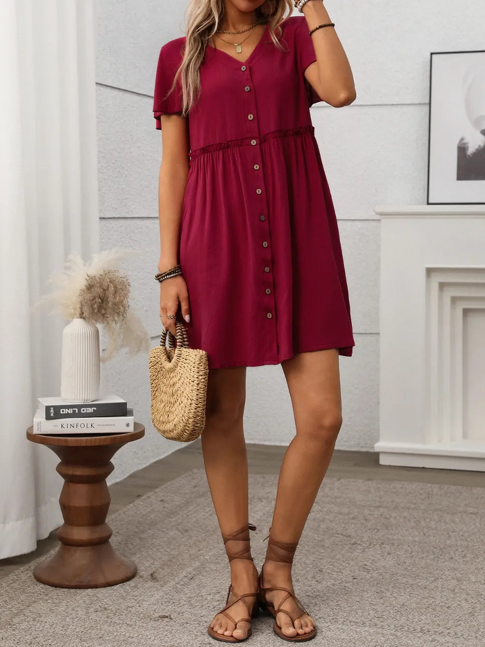 Button Front Flutter Sleeve Dress - Velora Luxury Fashion