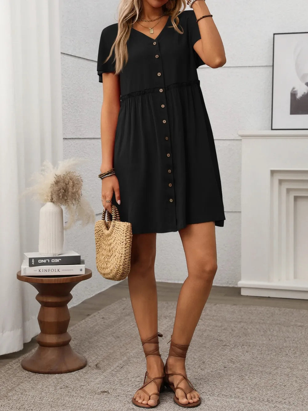 Button Front Flutter Sleeve Dress - Velora Luxury Fashion