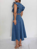 Button-Front Ruffle Sleeve Denim Midi Dress - Velora Luxury Fashion