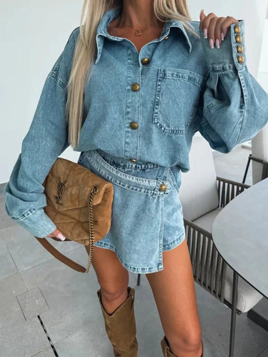 Button-Front Shirt and Mini Skirt Oversized Denim Set - Velora Luxury Fashion